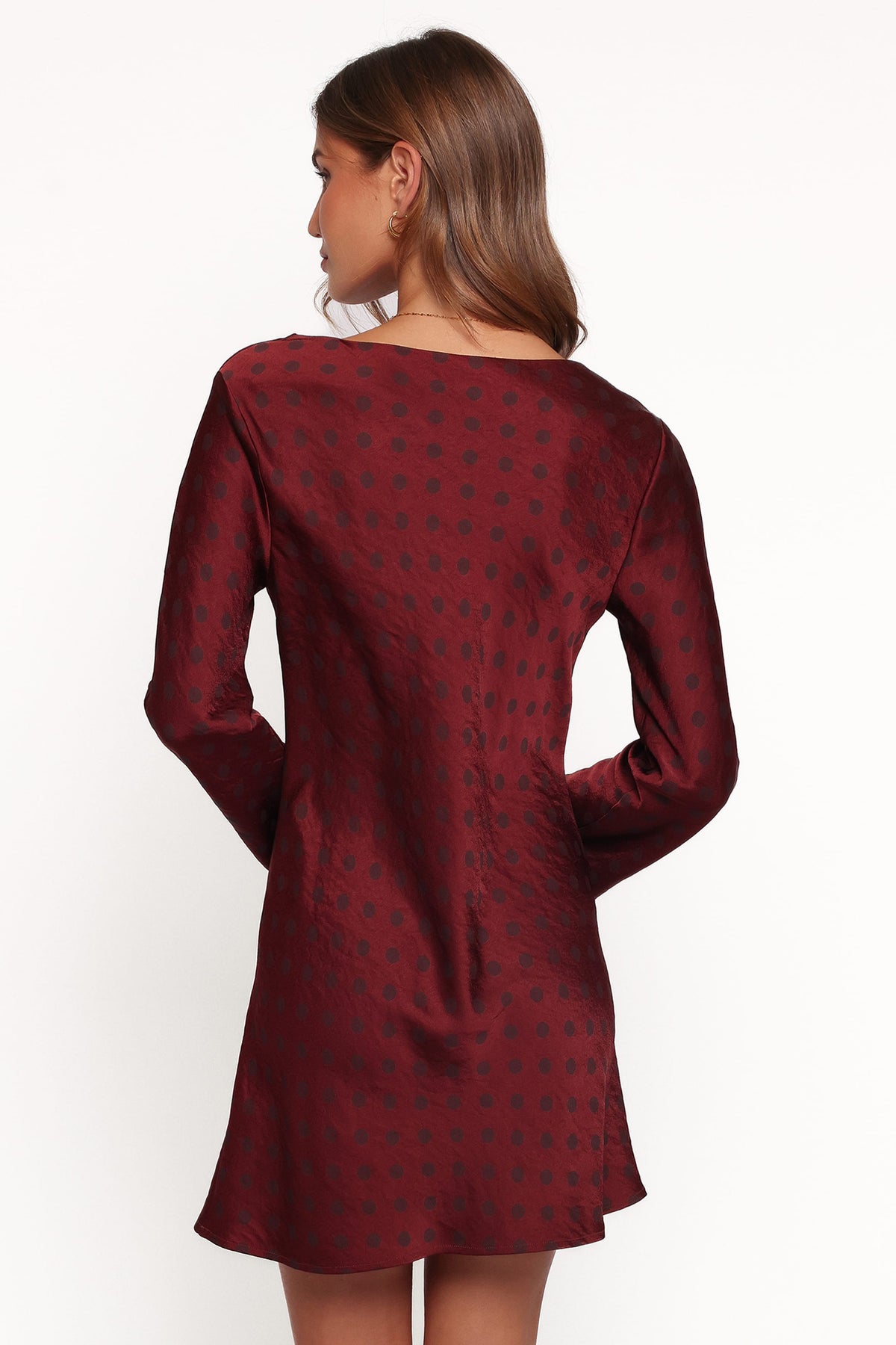 Idalee Long Sleeve Mini Dress - Brown/Maroon Polka Dot