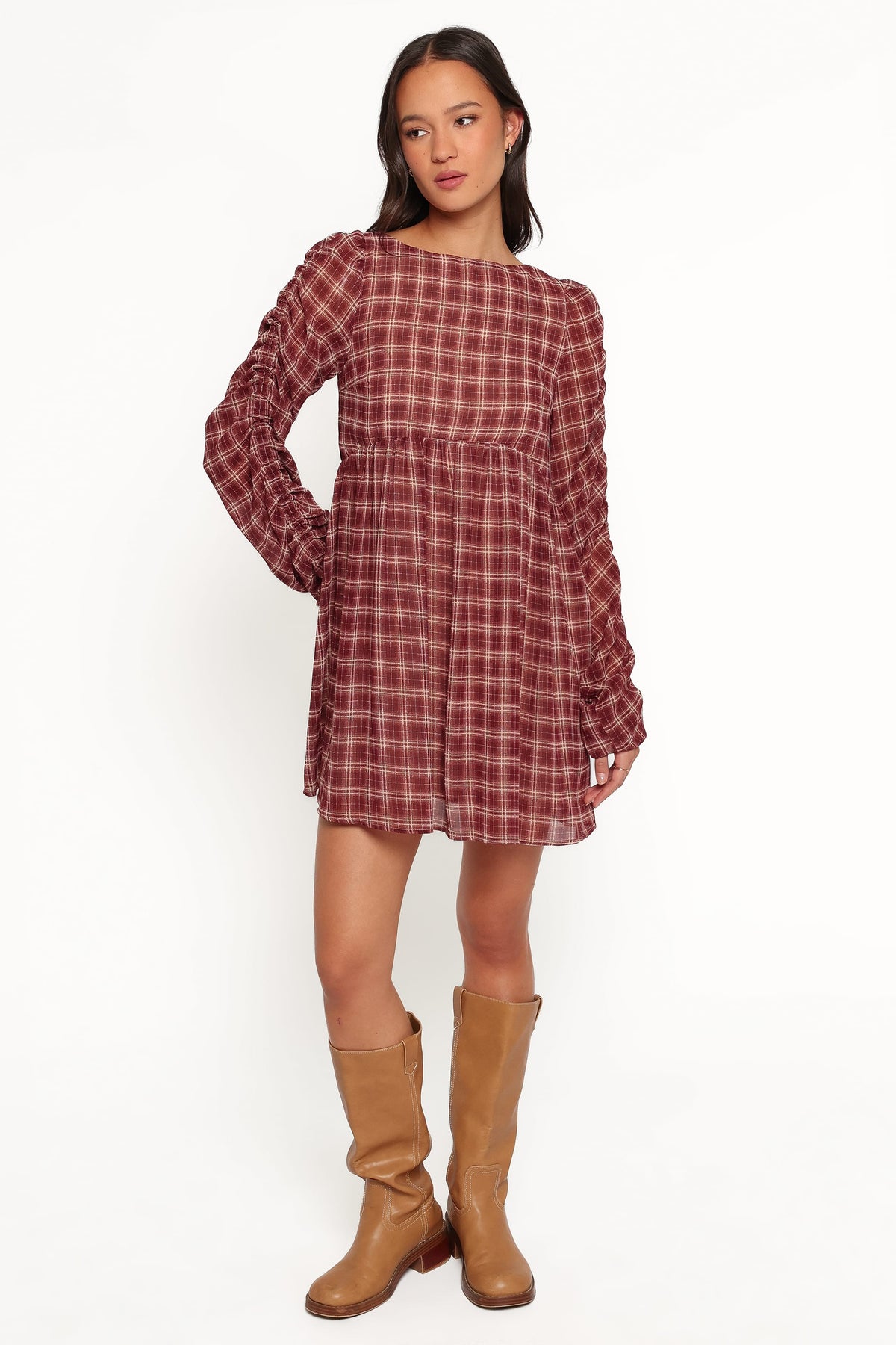 Micaela Long Sleeve Mini Dress - Burgundy Plaid