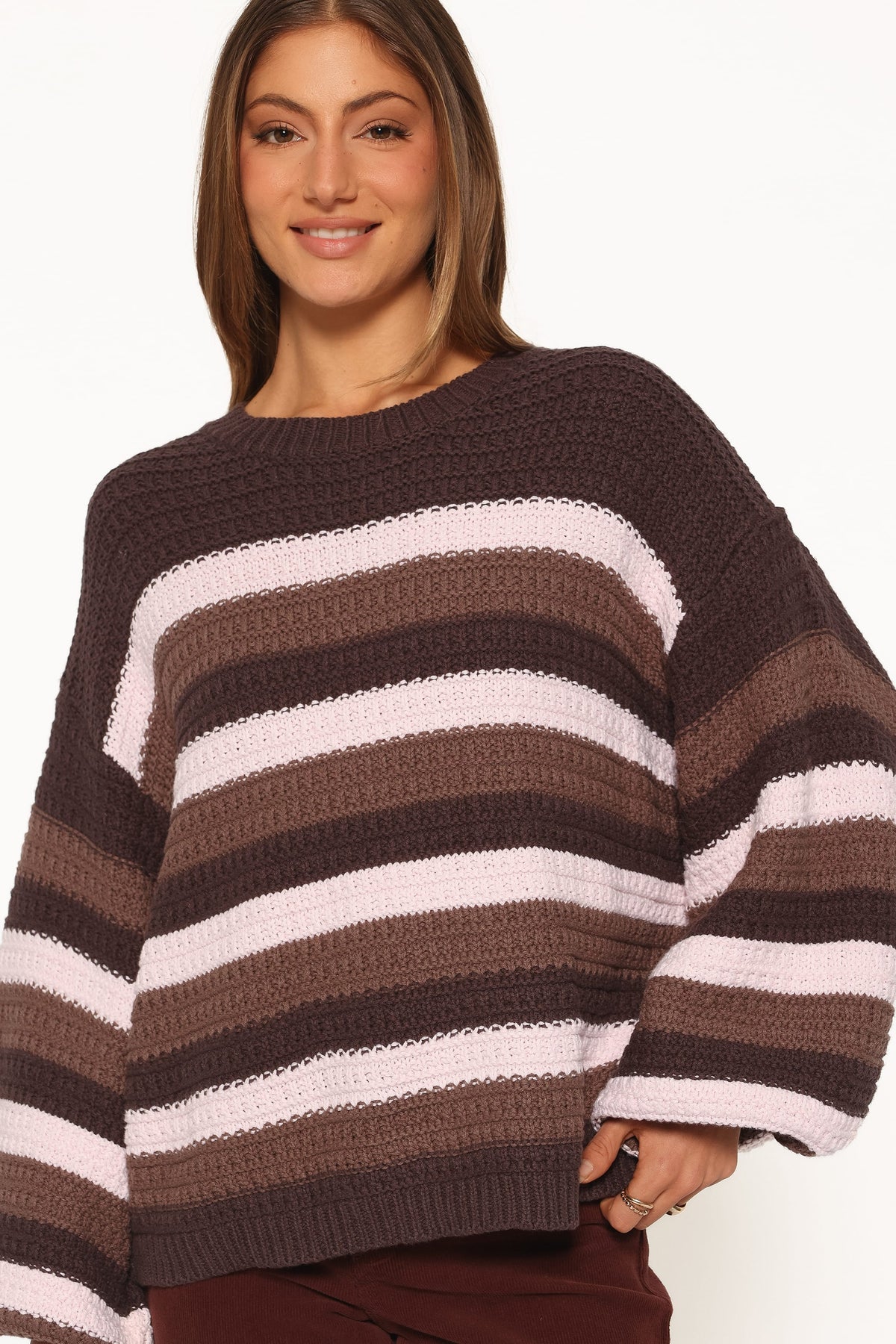 Kadie Textured Knit Sweater - Chocolate Pink Stripe