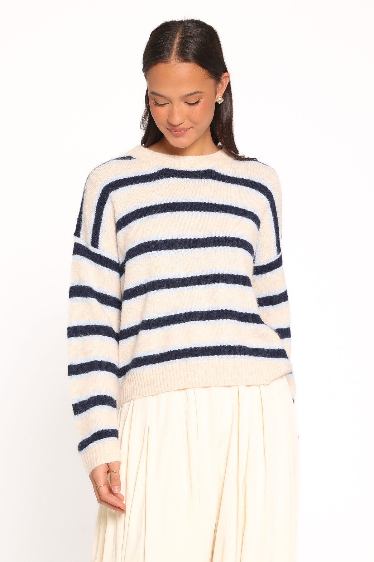Renae Knit Sweater - White Blue Stripe