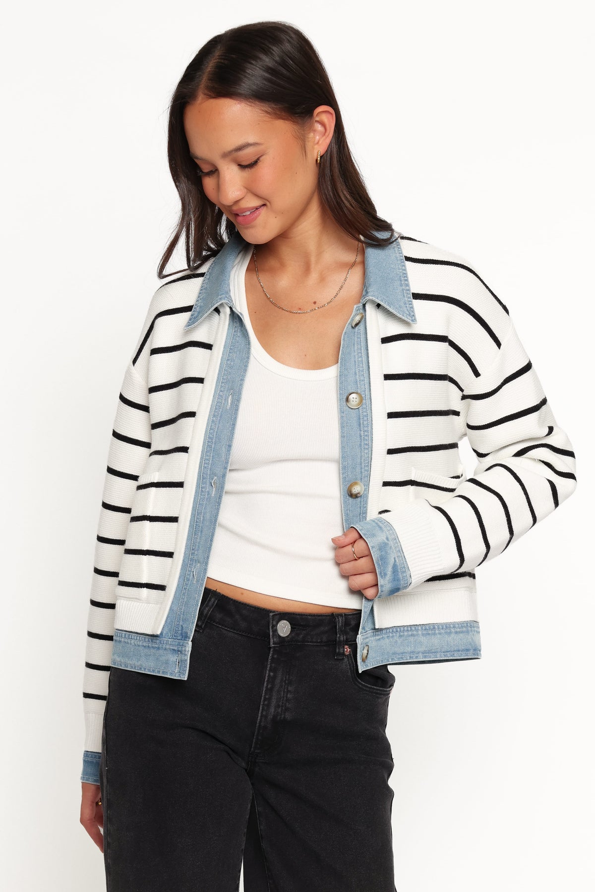 Uma Denim Collar Cardigan - Cream
