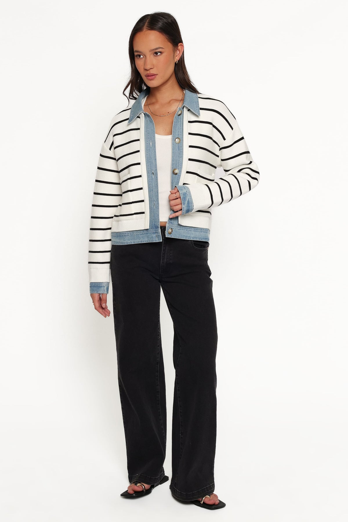 Uma Denim Collar Cardigan - Cream