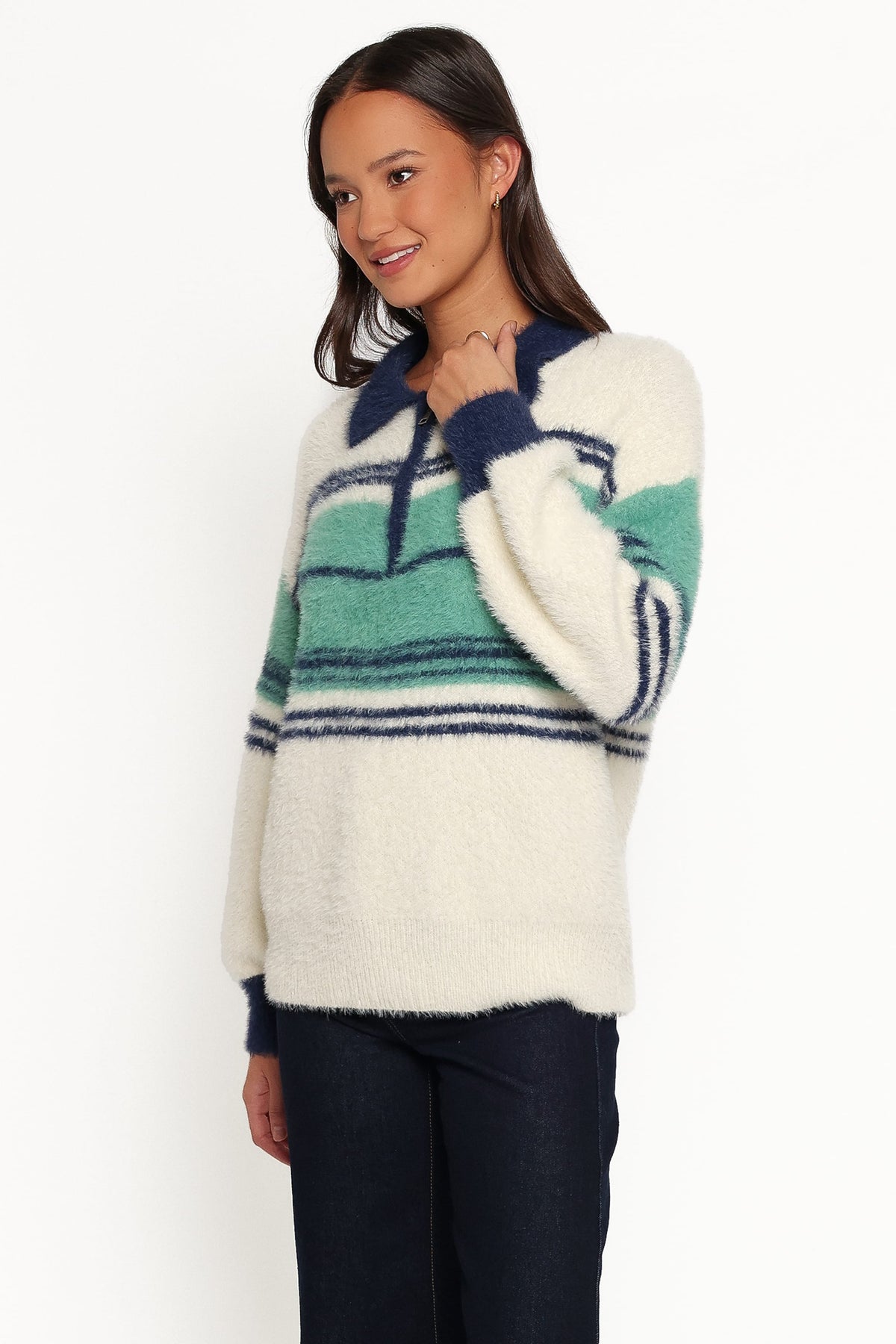 Vickie 1/4 Zip Sweater - Cream Green Stripe
