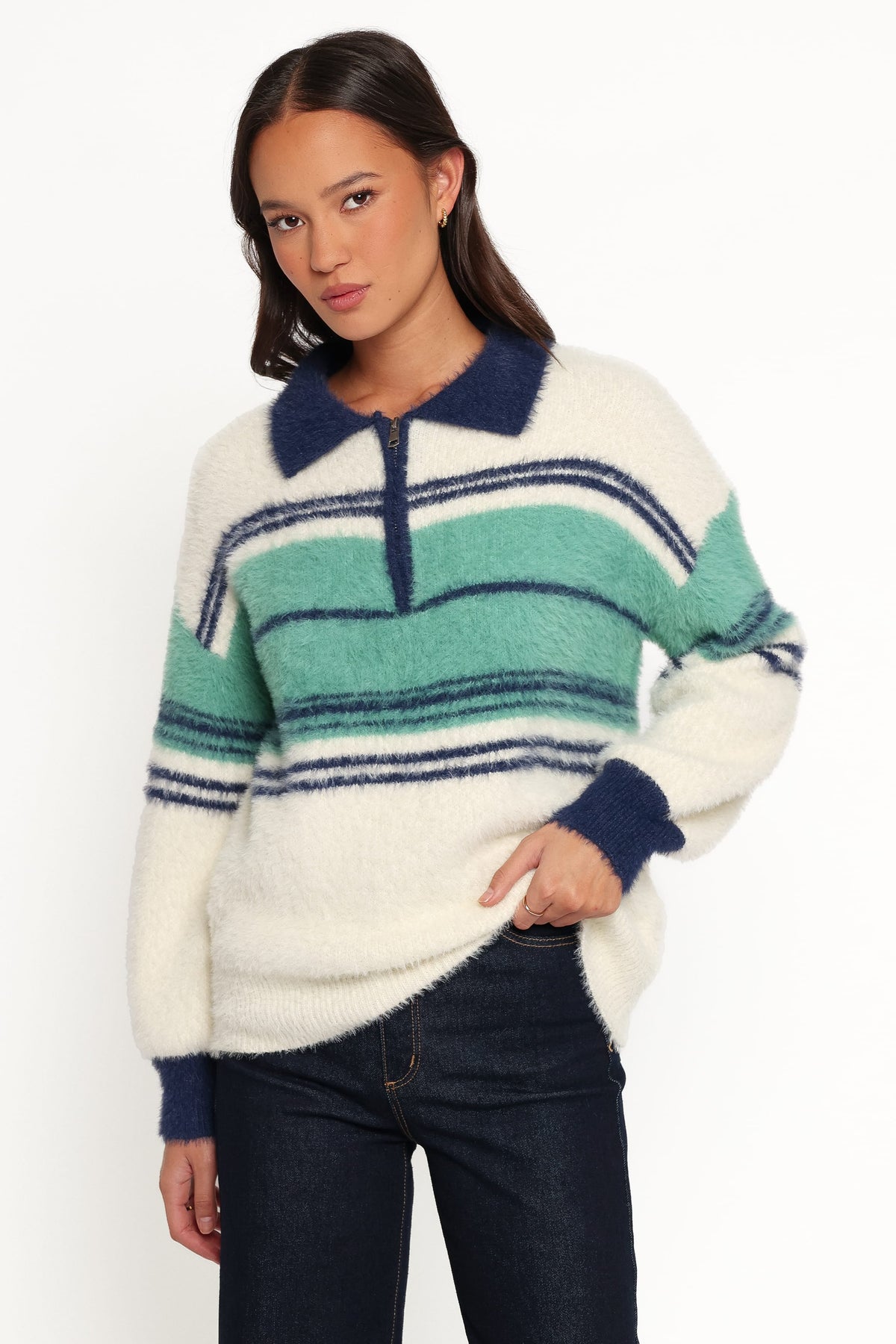 Vickie 1/4 Zip Sweater - Cream Green Stripe