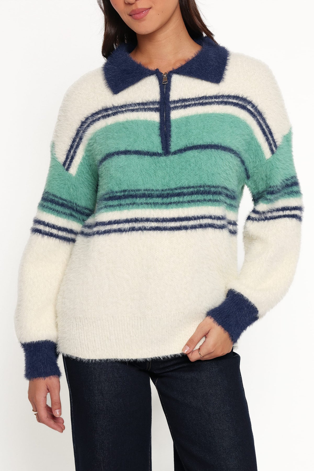 Vickie 1/4 Zip Sweater - Cream Green Stripe