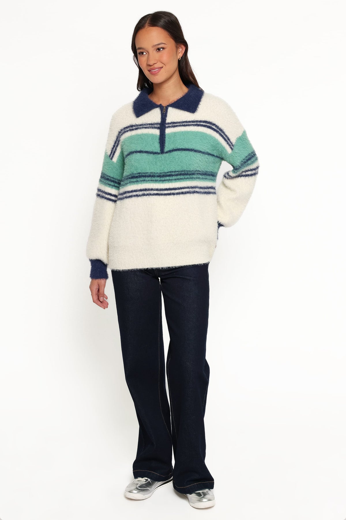 Vickie 1/4 Zip Sweater - Cream Green Stripe
