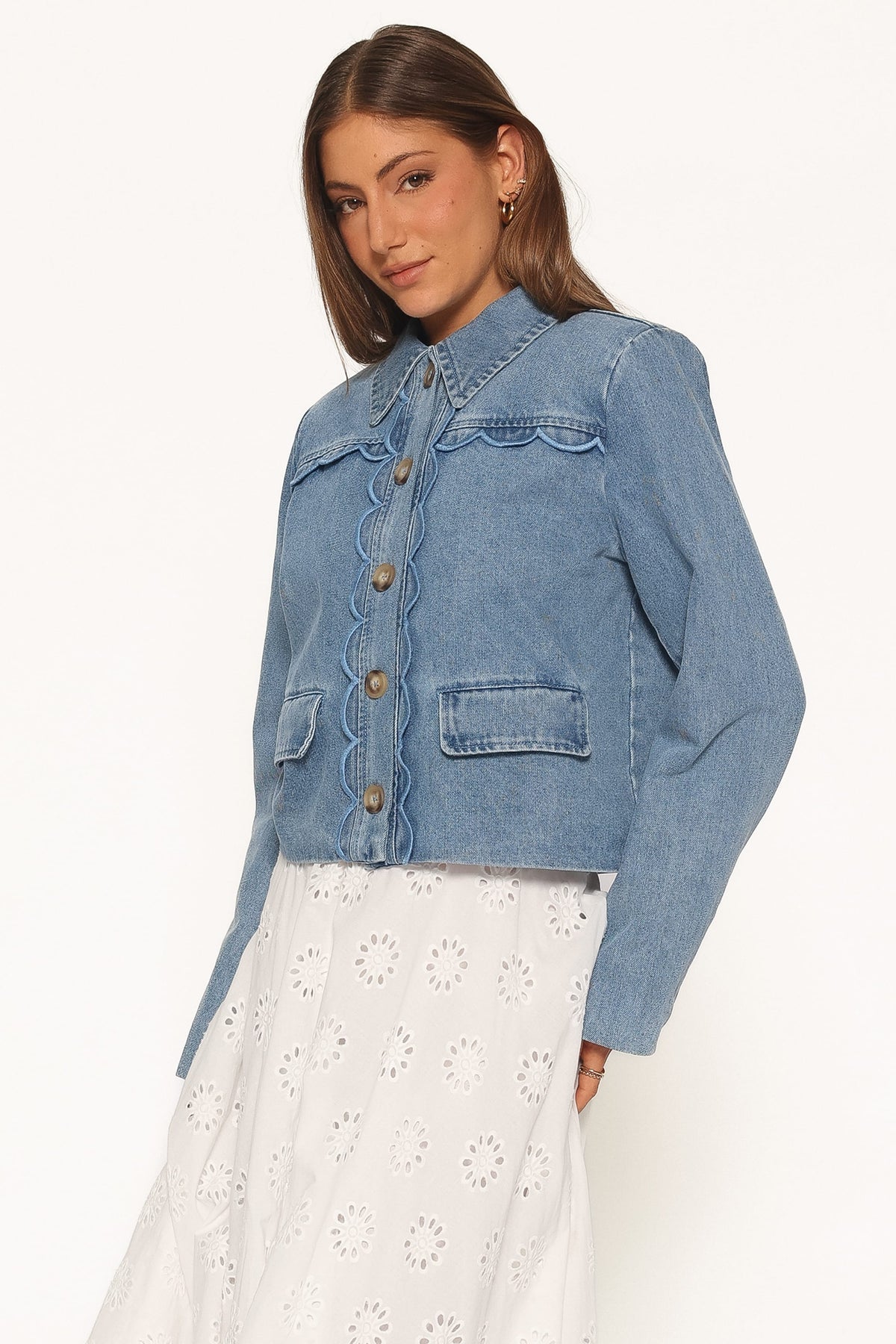 Heidi Scallop Trim Denim Jacket - Medium Wash