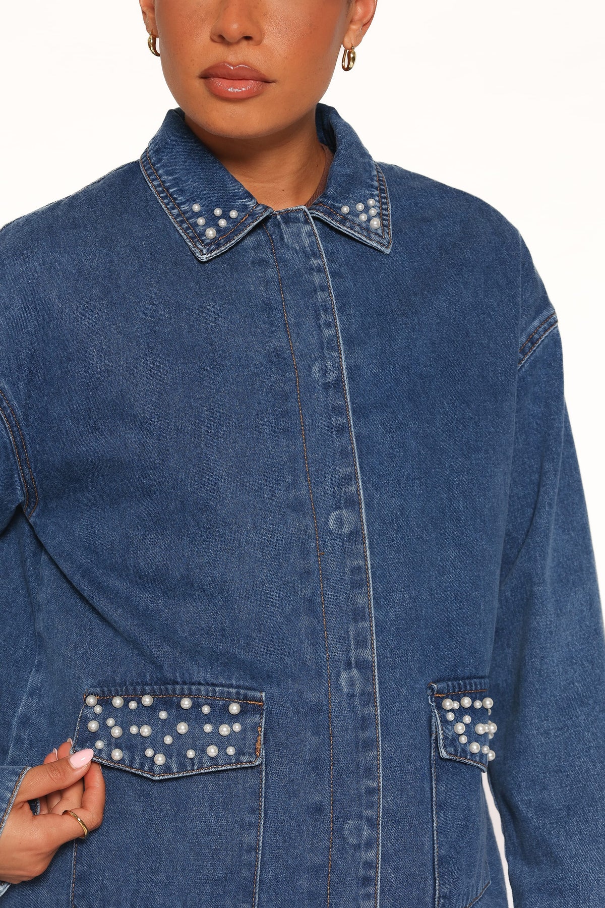 Mandie Pearl Trim Denim Shacket - Indigo