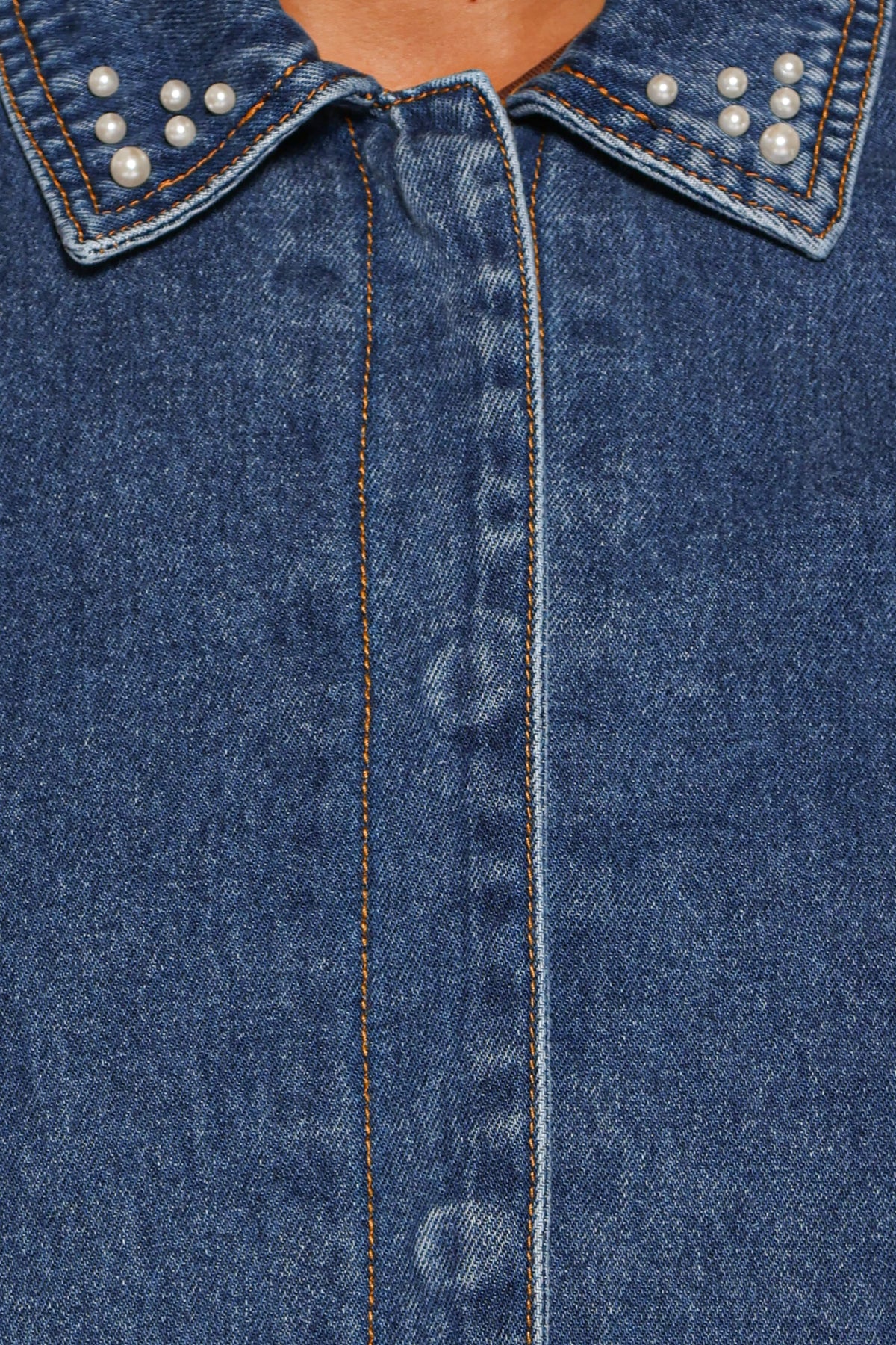 Mandie Pearl Trim Denim Shacket - Indigo