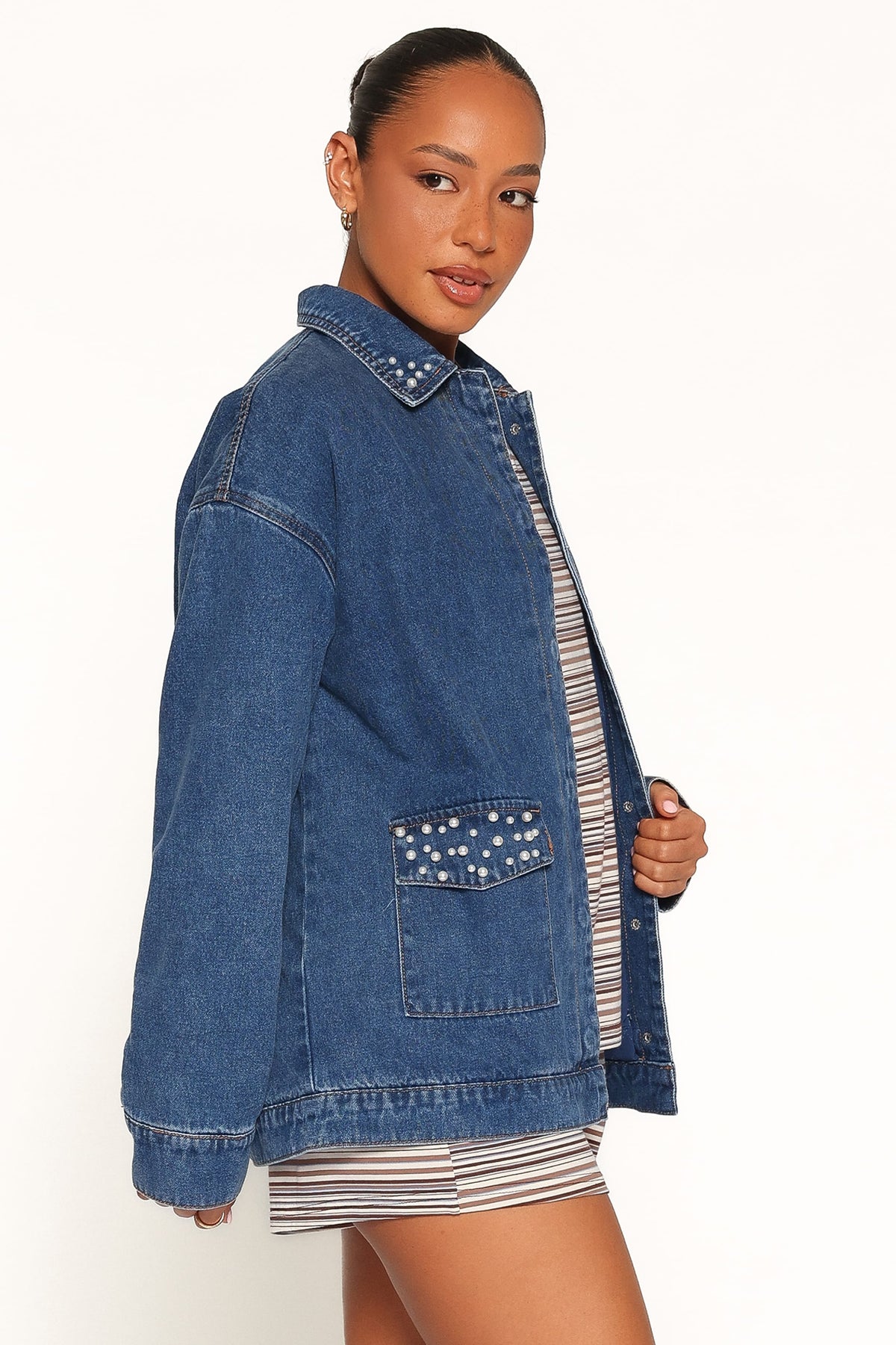 Mandie Pearl Trim Denim Shacket - Indigo