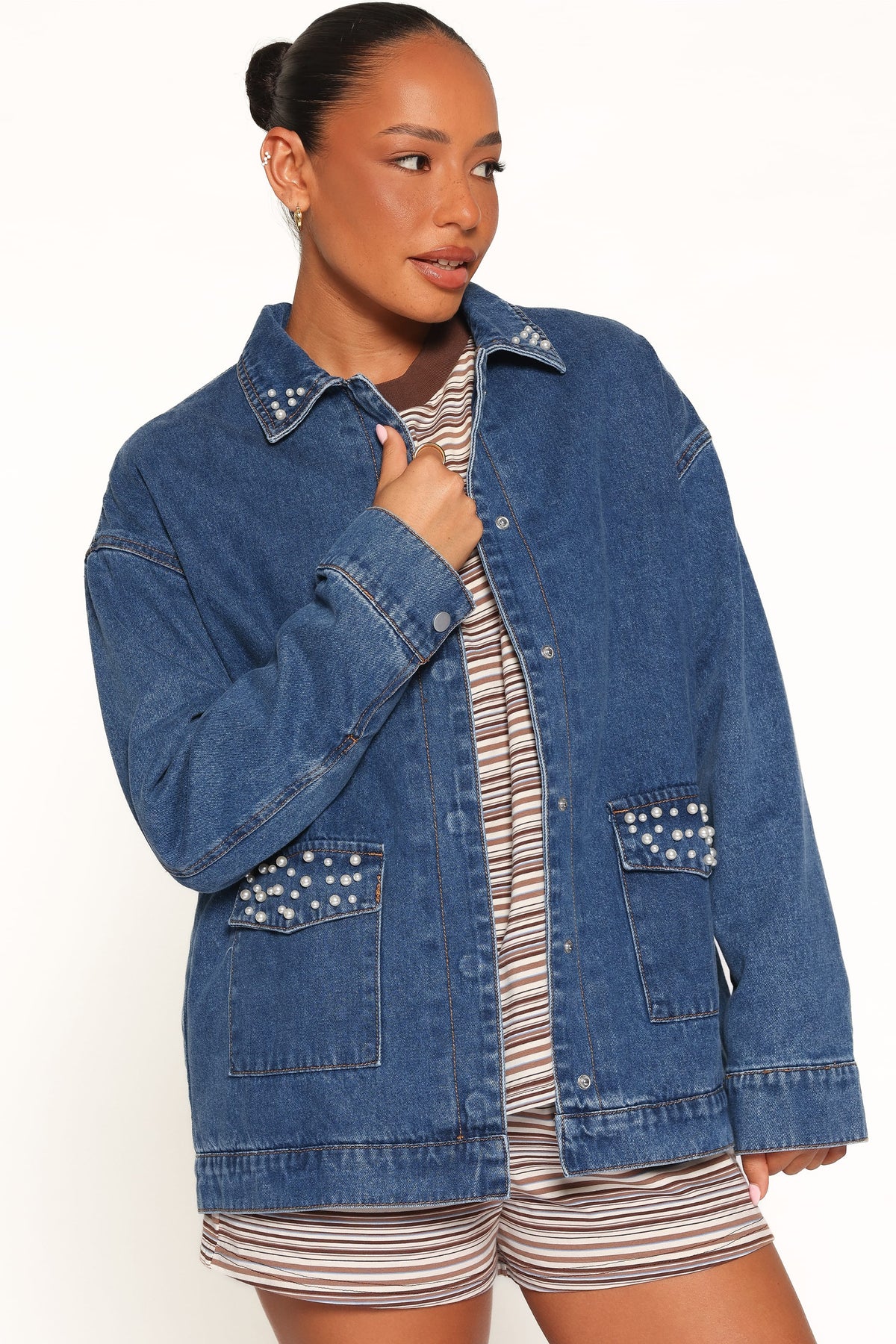 Mandie Pearl Trim Denim Shacket - Indigo