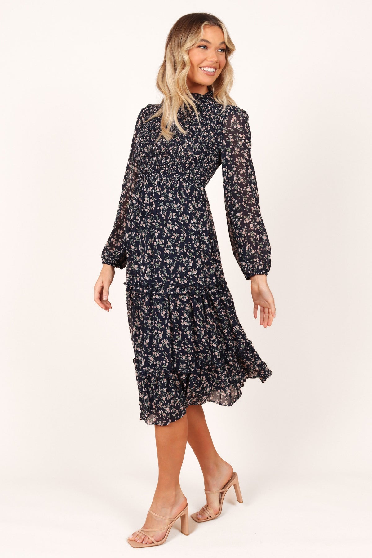 Edwina Shirred Frill Long Sleeve Midi Dress - Navy Floral