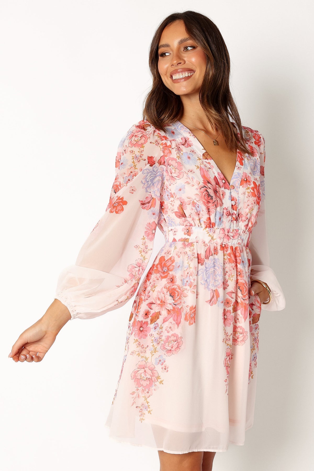 Hattie Long Sleeve Mini Dress - Pink Floral