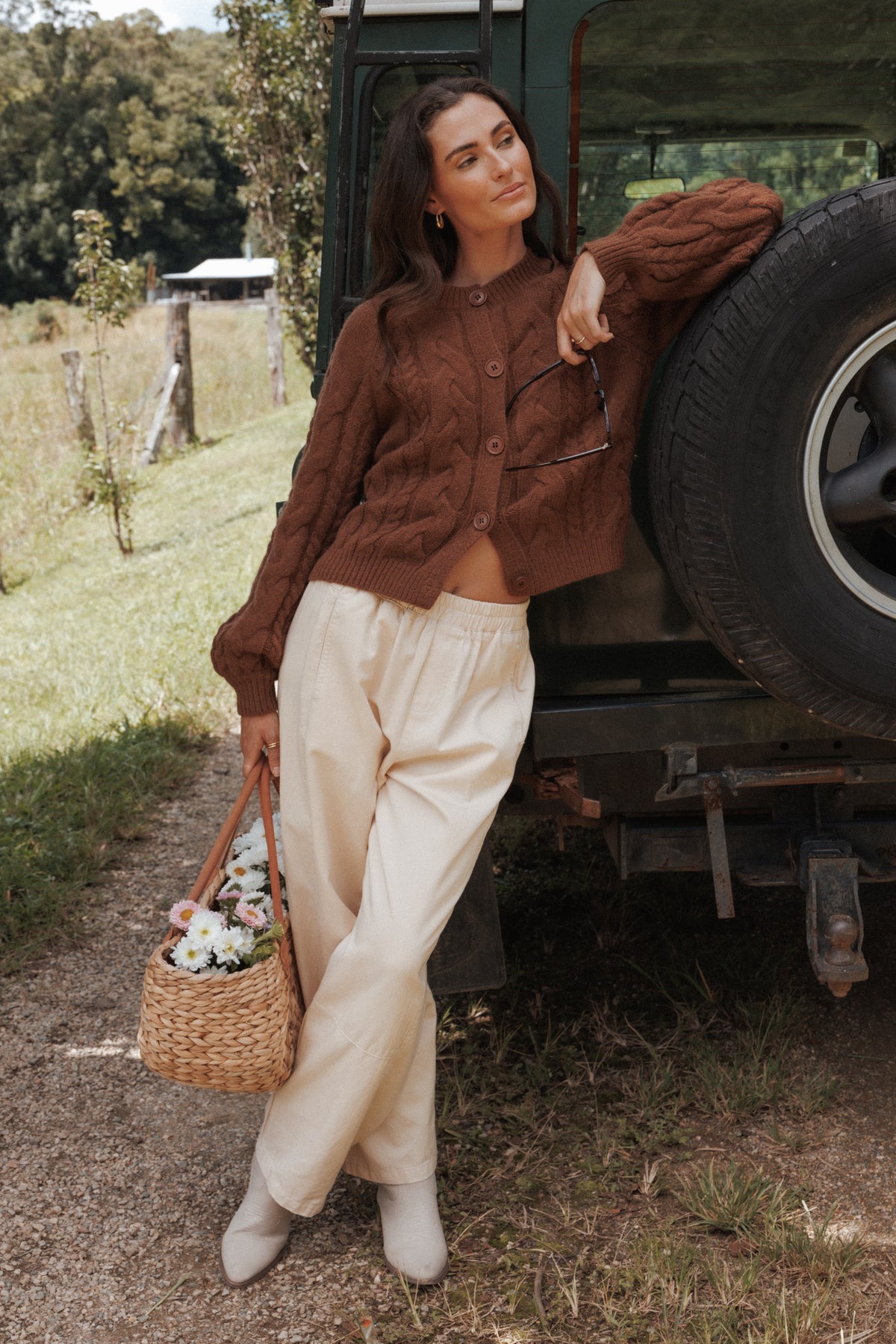 Nika Cable Knit Cardigan - Brown