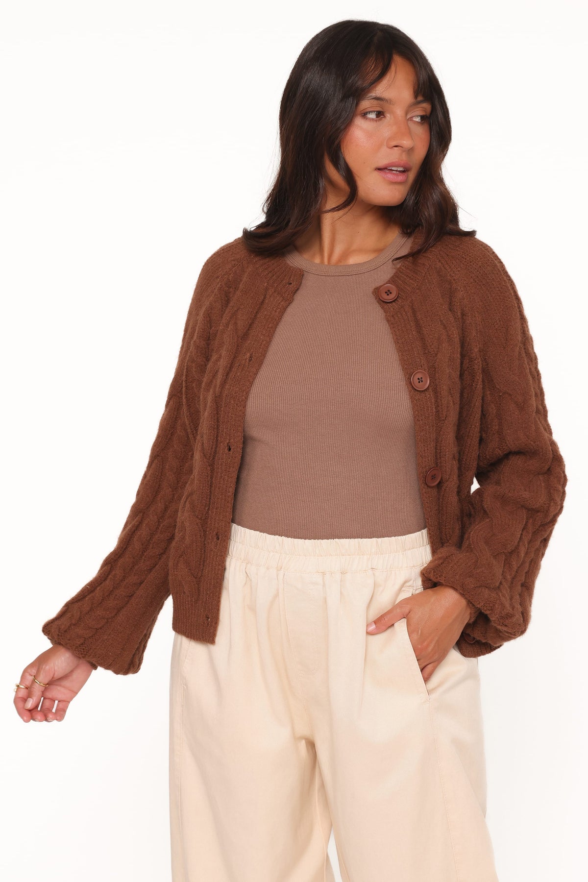 Nika Cable Knit Cardigan - Brown
