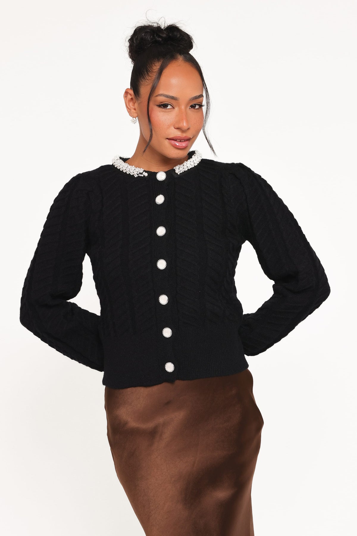 Sheena Rhinestone Collar Holiday Cardigan - Black