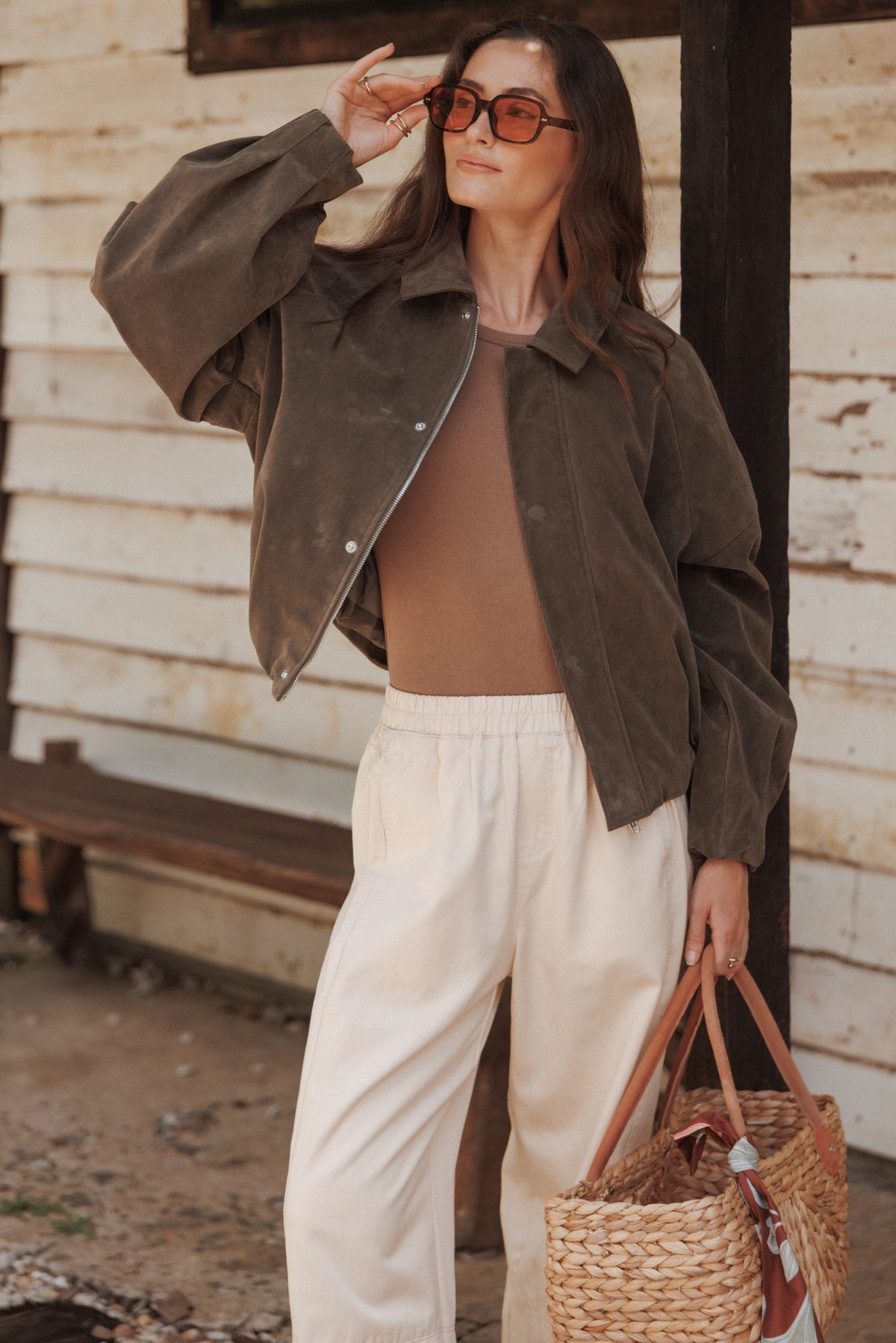 Jensen Faux Suede Bomber Jacket - Olive