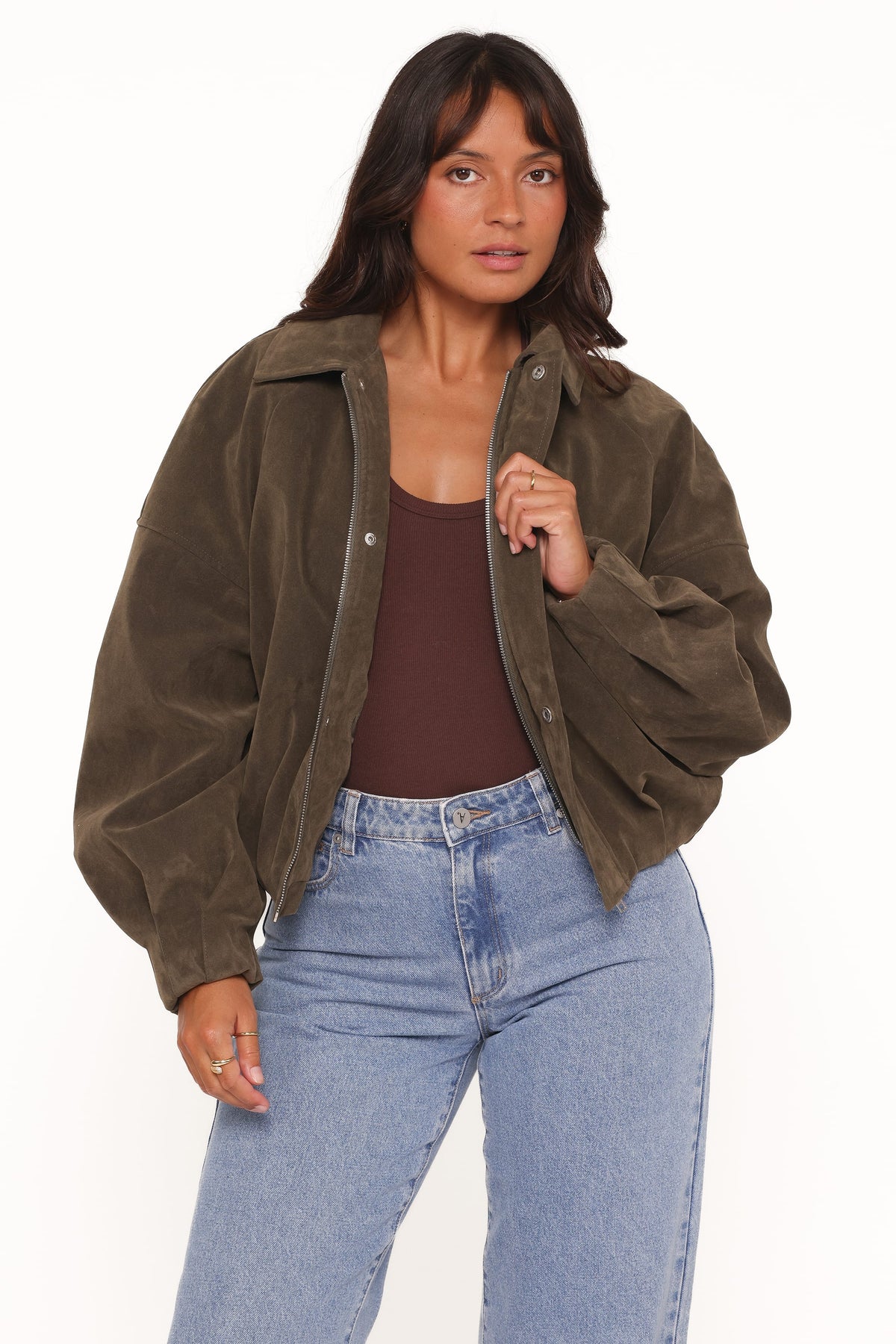 Jensen Faux Suede Bomber Jacket - Olive