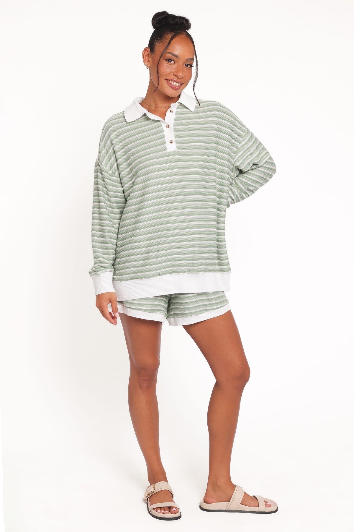 Dealia Knit Short Set - Sage Stripe
