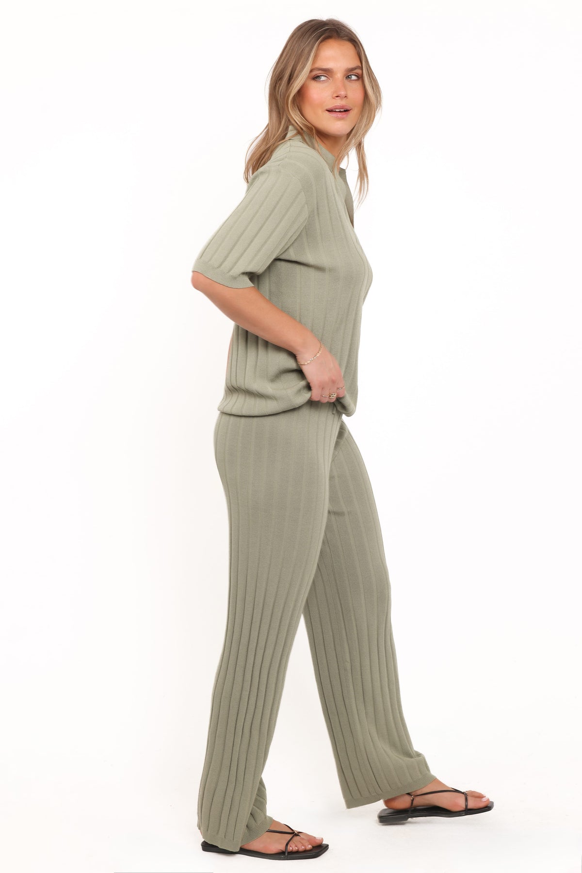 Yulissa Wide Ribbed Pant Set - Khaki Green