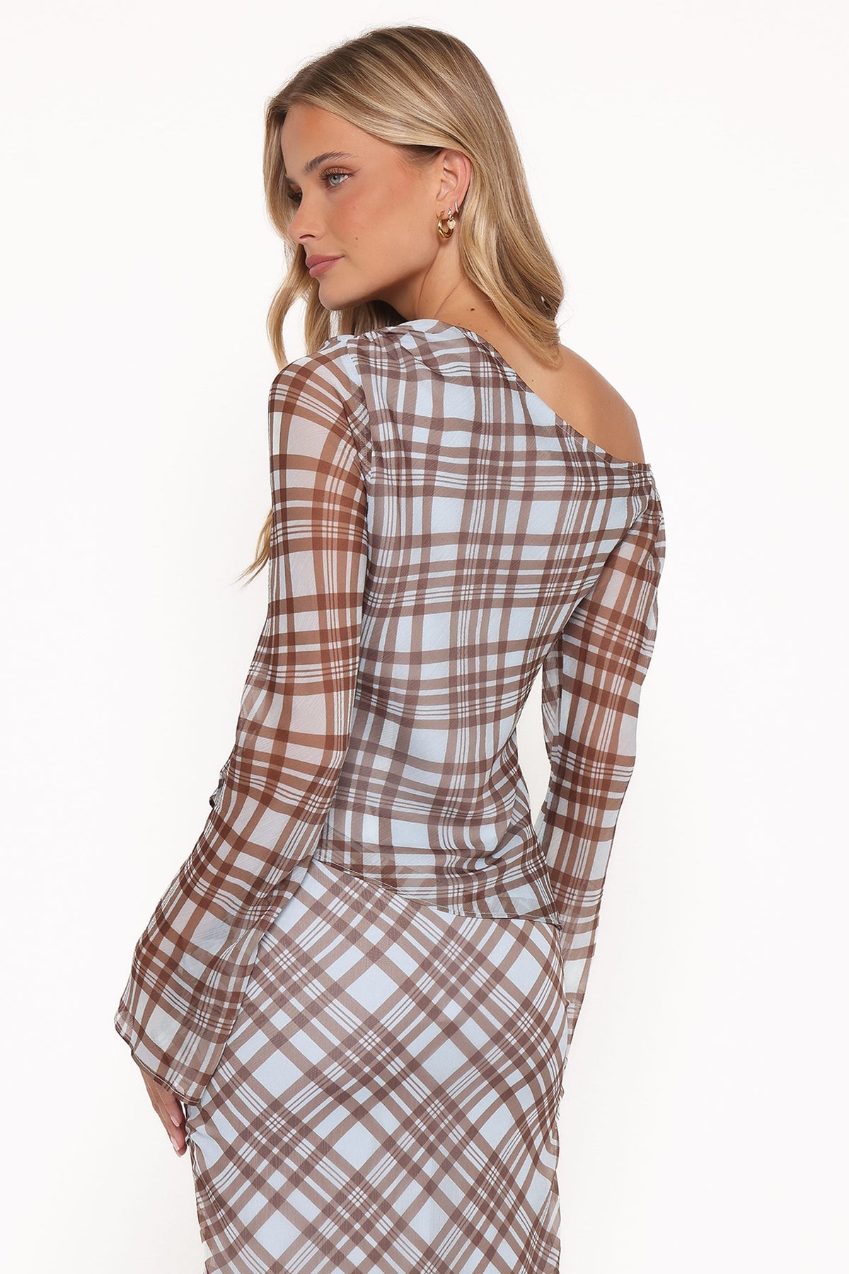 Caitriona Cowl Neck Top - Blue Plaid