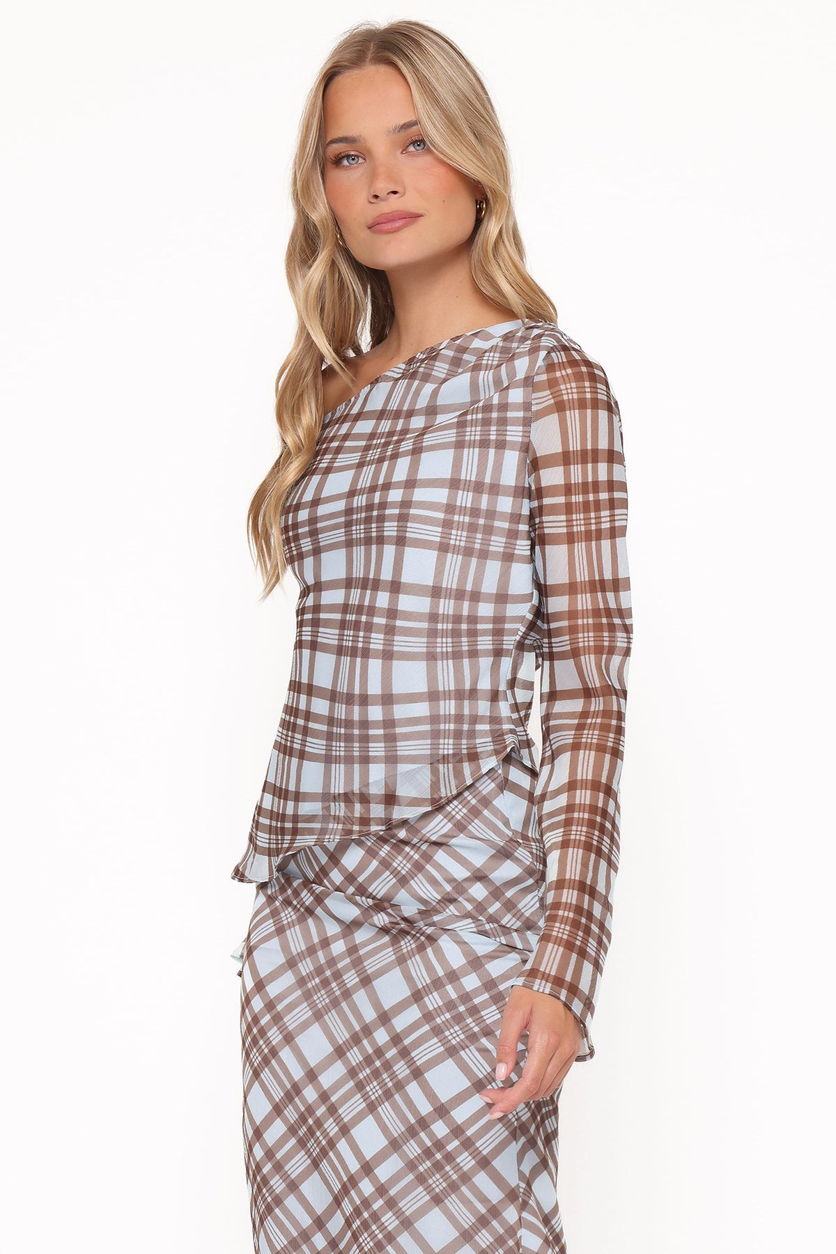 Caitriona Cowl Neck Top - Blue Plaid