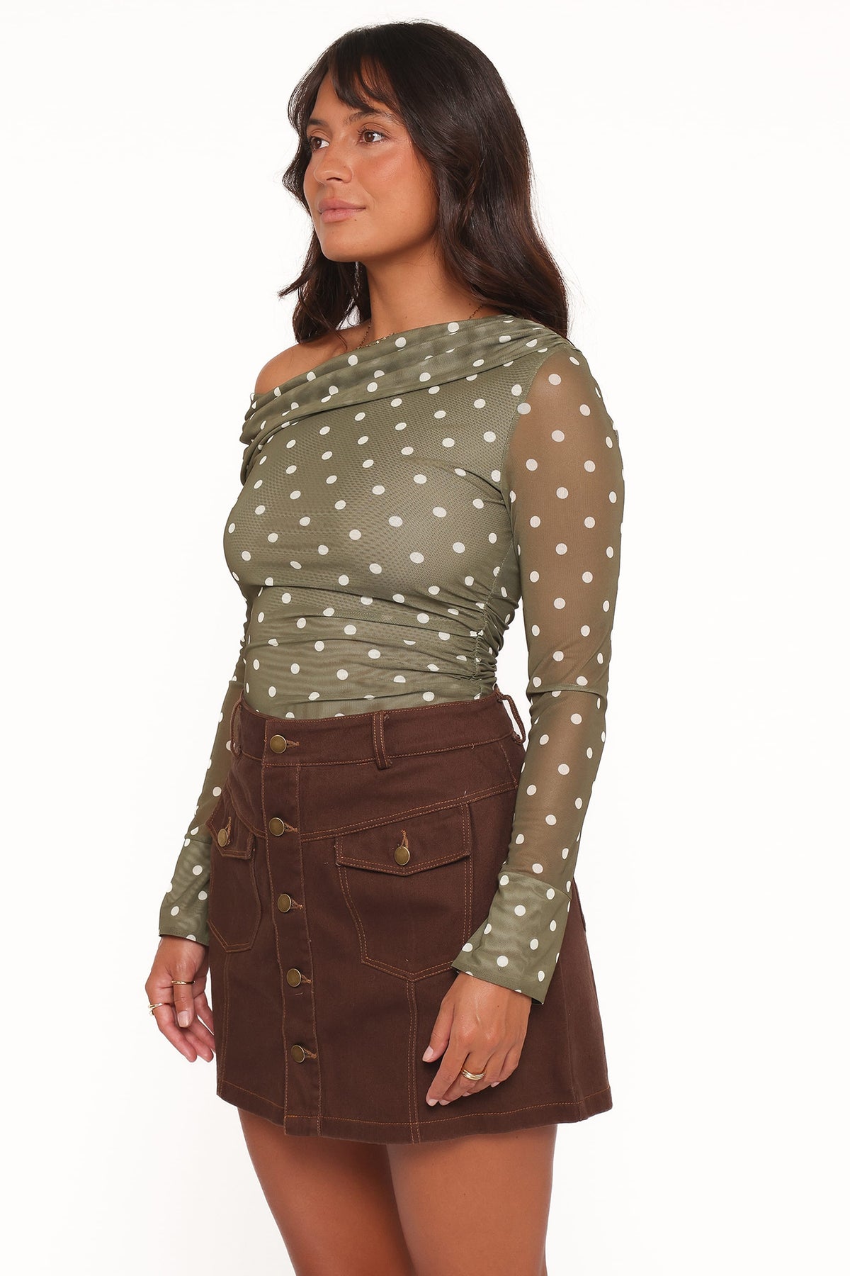 Ginevra Off Shoulder Mesh Top - Green Polka Dot