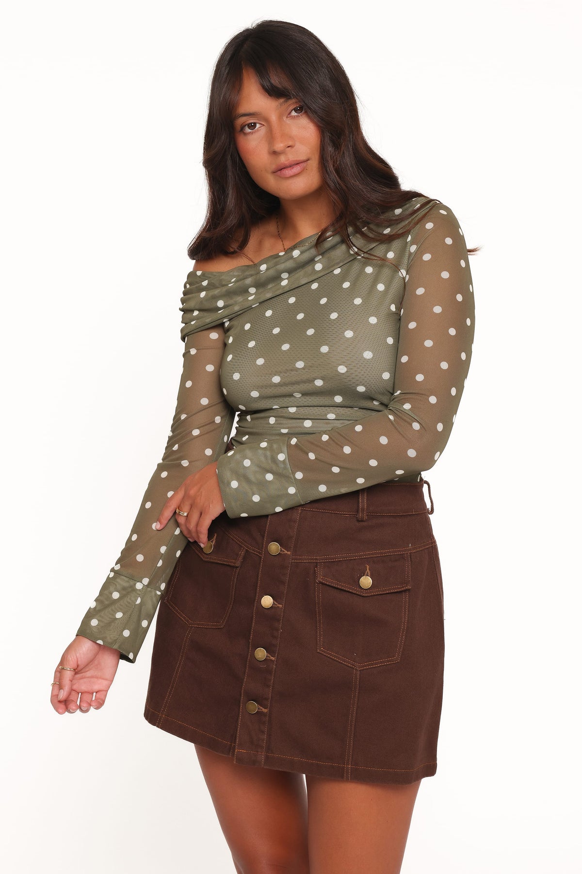 Ginevra Off Shoulder Mesh Top - Green Polka Dot