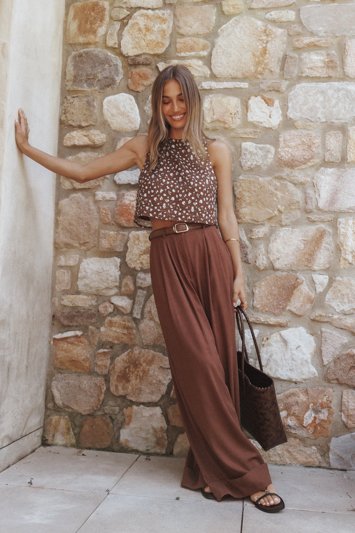 Madison Linen Cropped Tank - Brown Floral