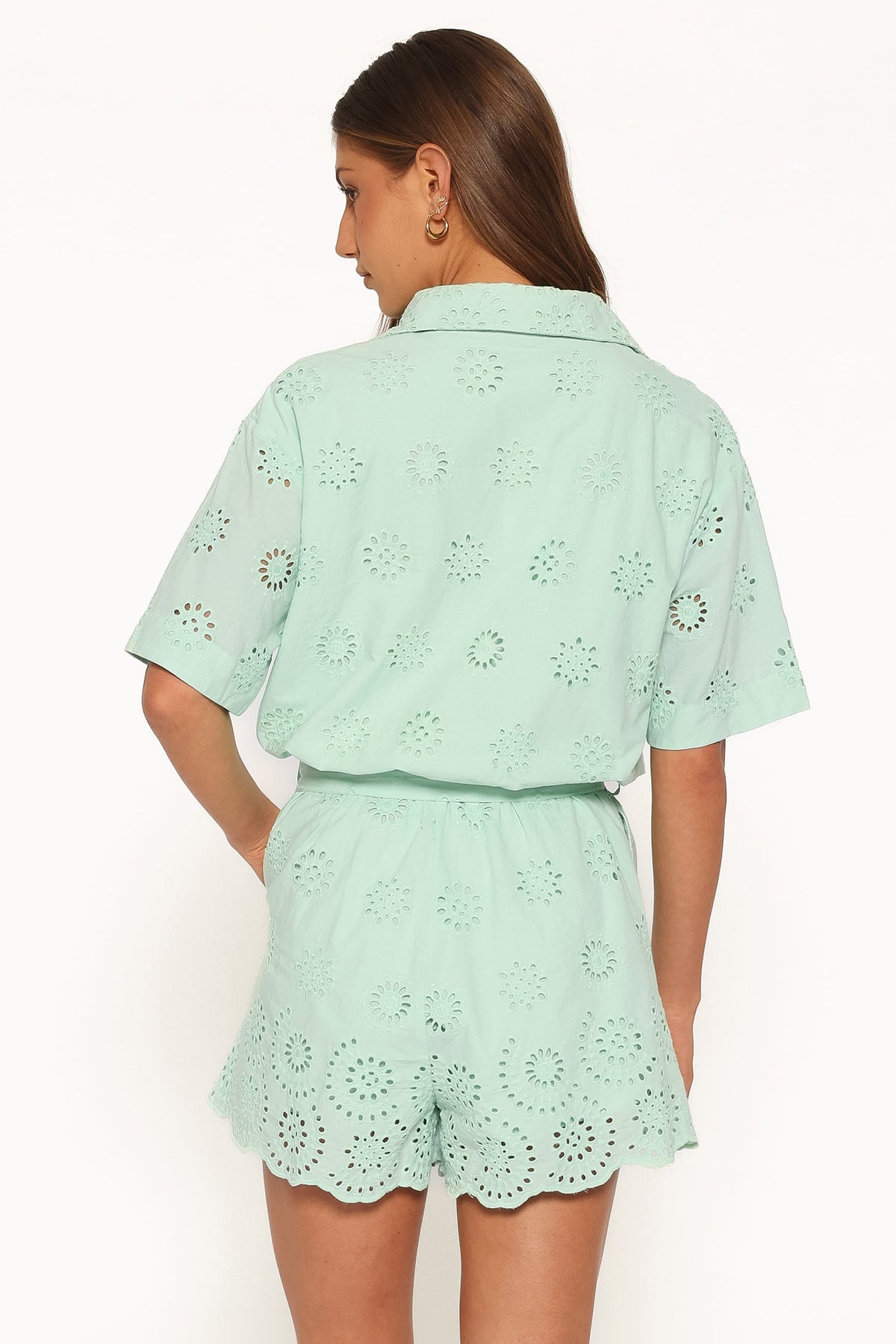 Jamie Tie Front Romper - Mint Broderie