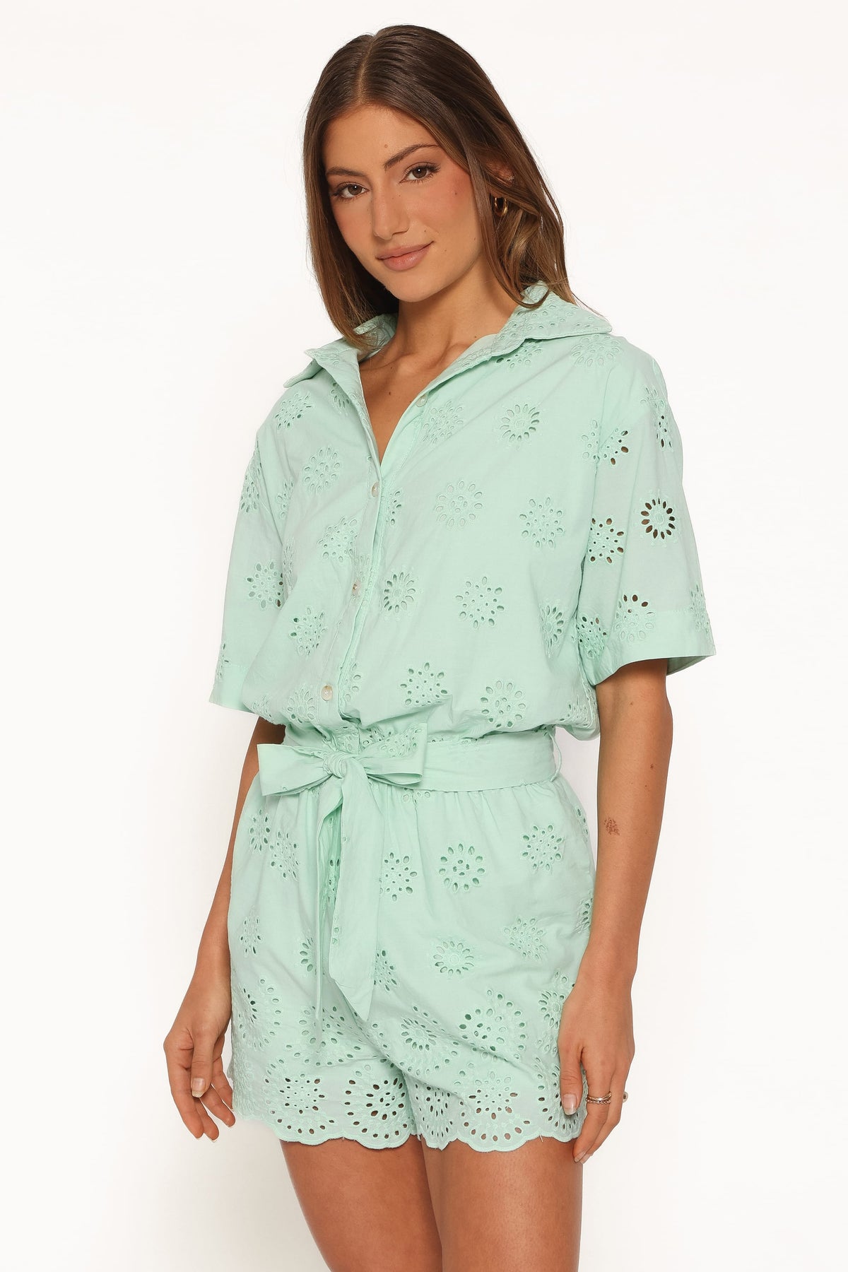 Jamie Tie Front Romper - Mint Broderie