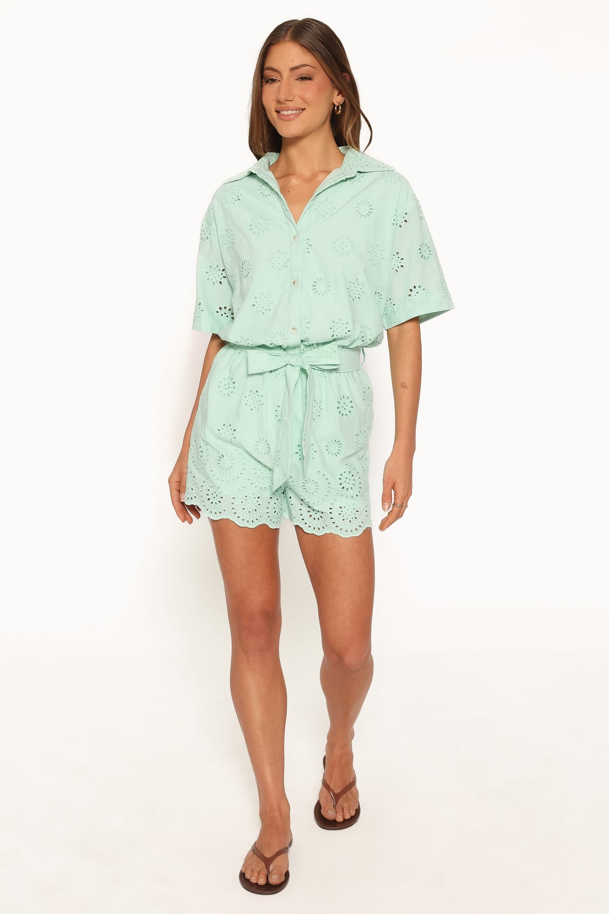 Jamie Tie Front Romper - Mint Broderie