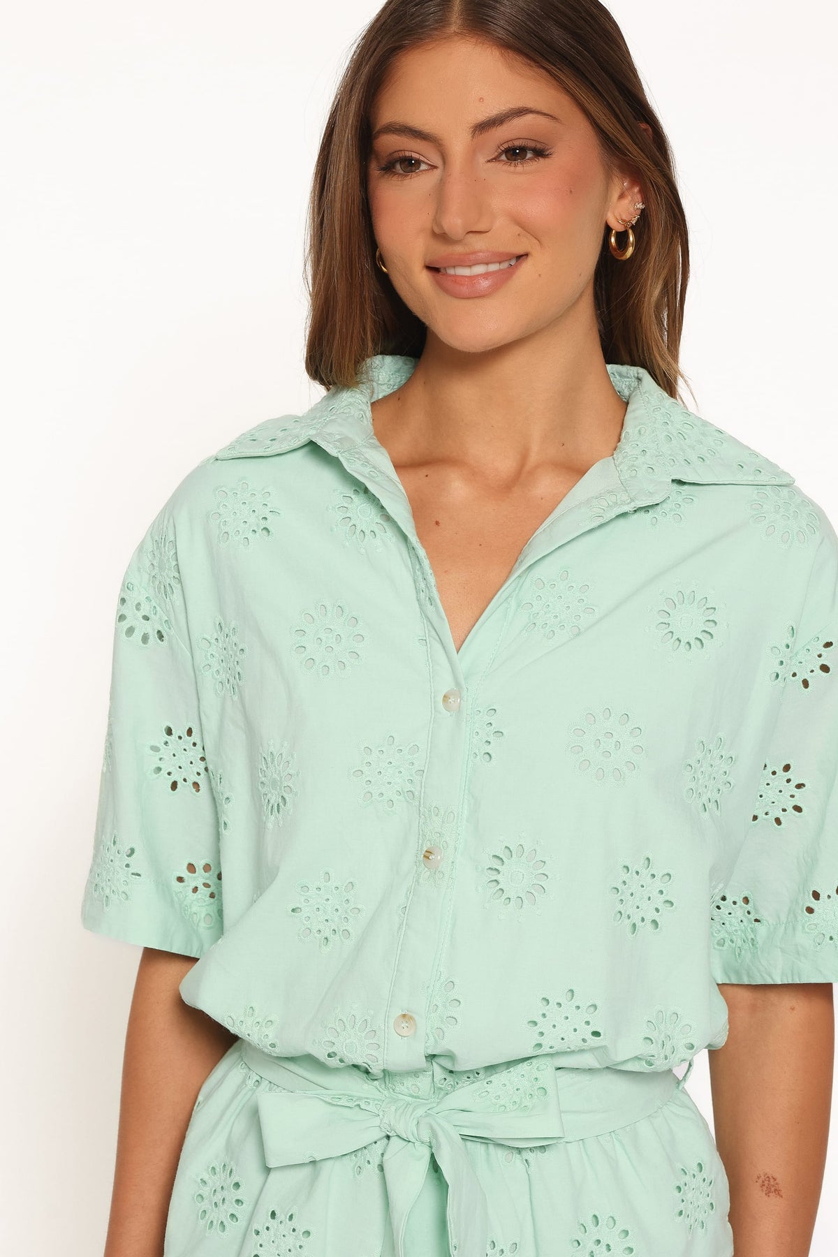 Jamie Tie Front Romper - Mint Broderie