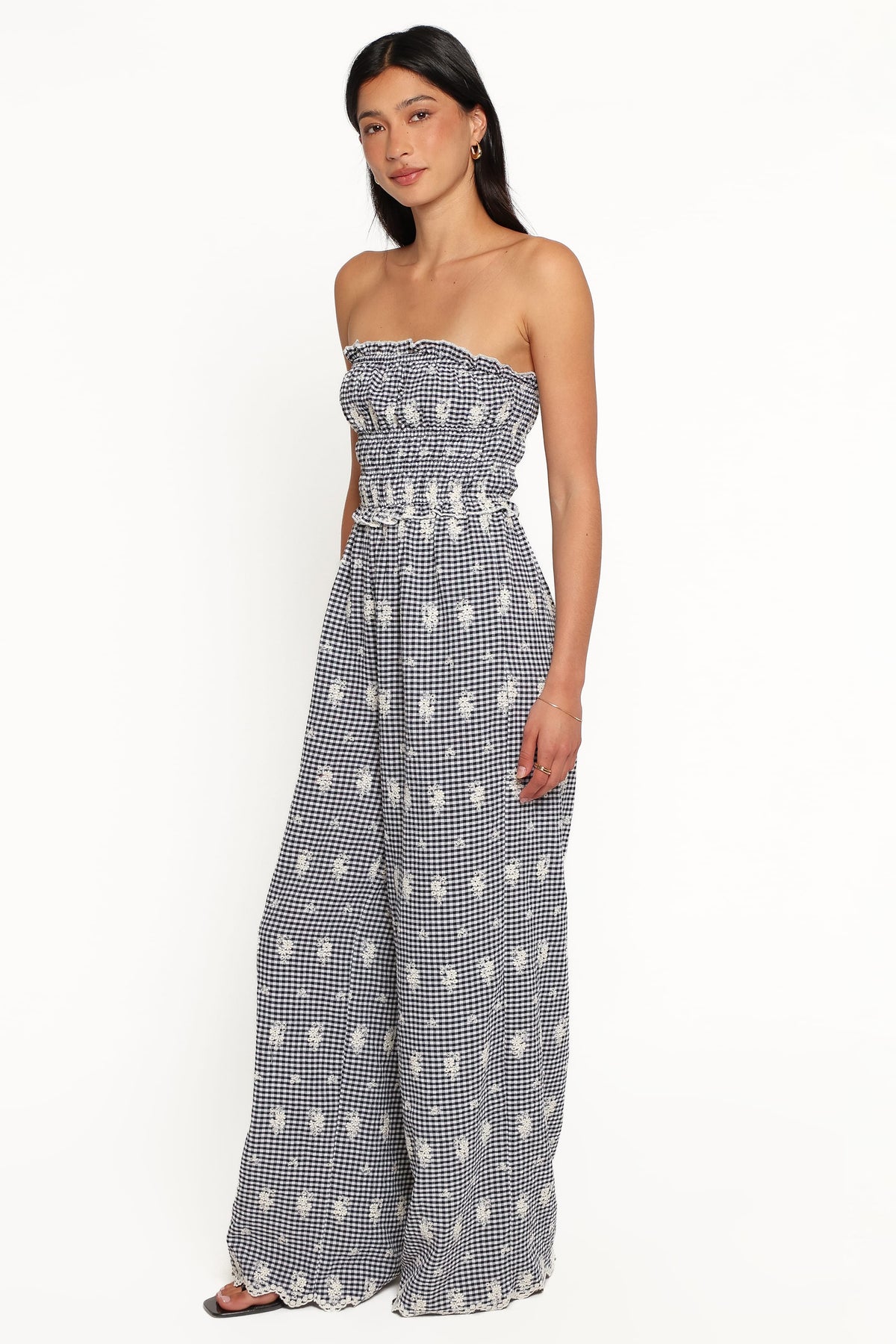 Yulissa Strapless Jumpsuit - Black Gingham Broderie