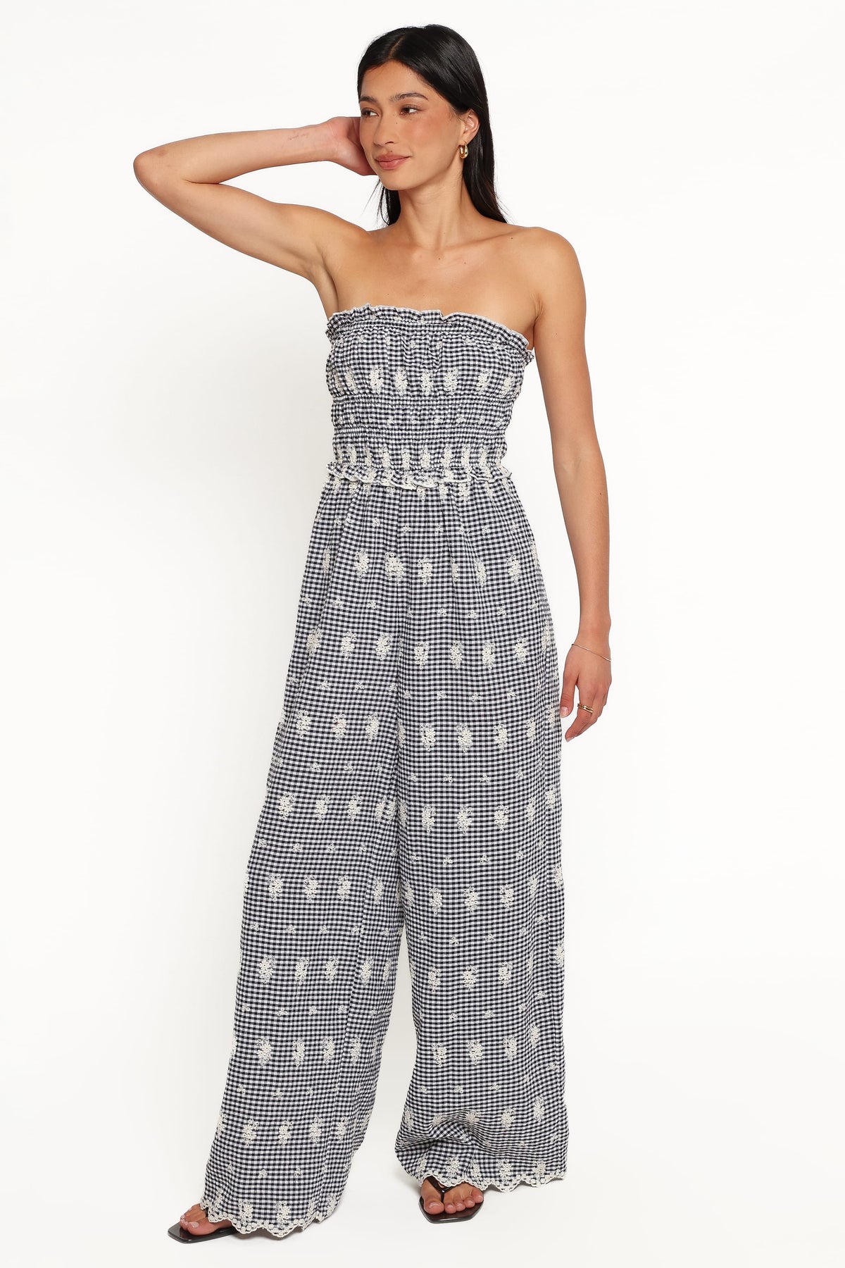 Yulissa Strapless Jumpsuit - Black Gingham Broderie