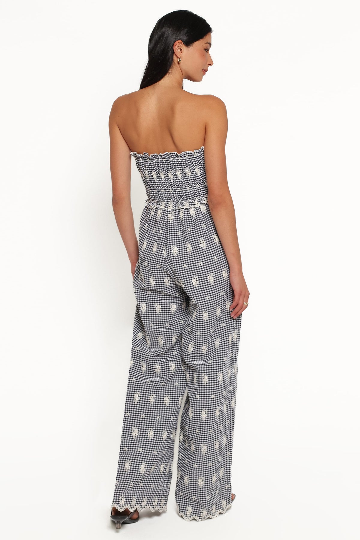 Yulissa Strapless Jumpsuit - Black Gingham Broderie