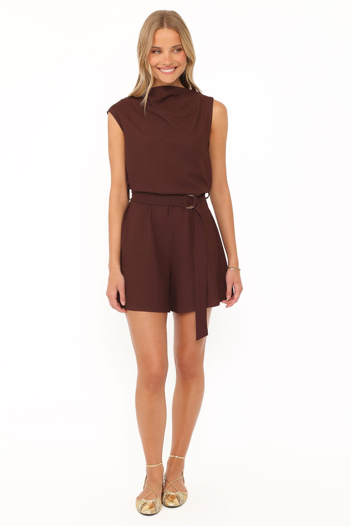 Zaia Belted Knit Romper - Chocolate Brown