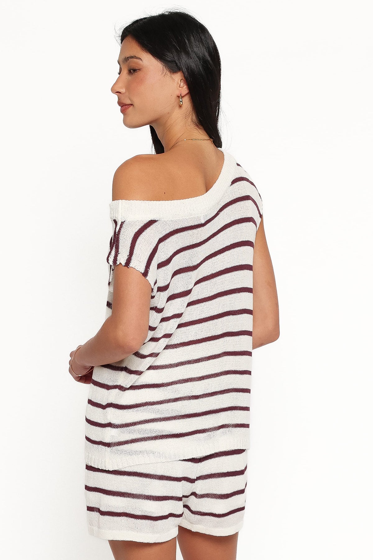 Janie Knitted Short Set - White Plum Stripe