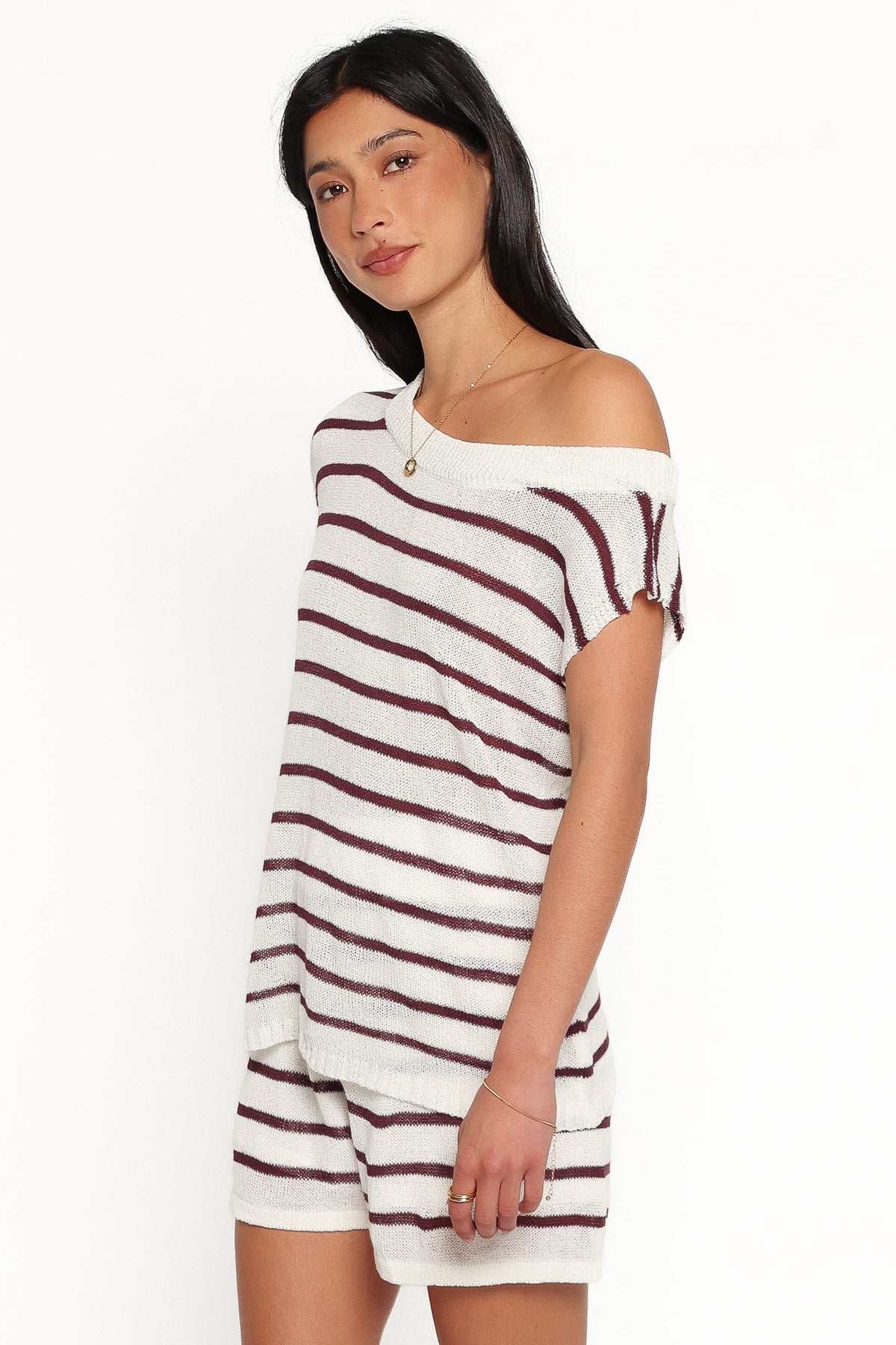 Janie Knitted Short Set - White Plum Stripe