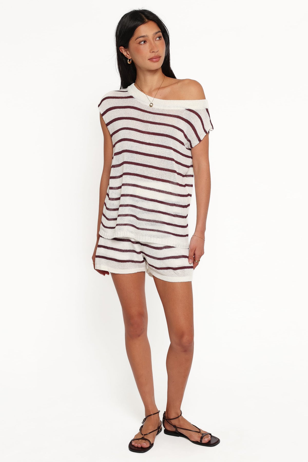 Janie Knitted Short Set - White Plum Stripe