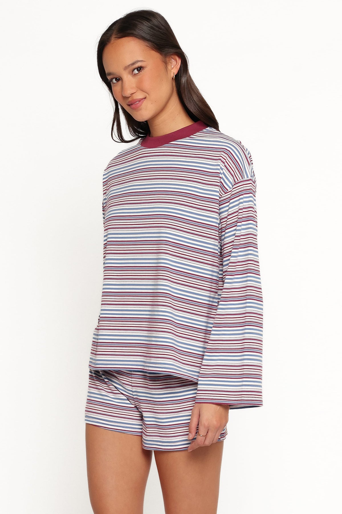 Silvia Knit Short Set - Burgundy Stripe
