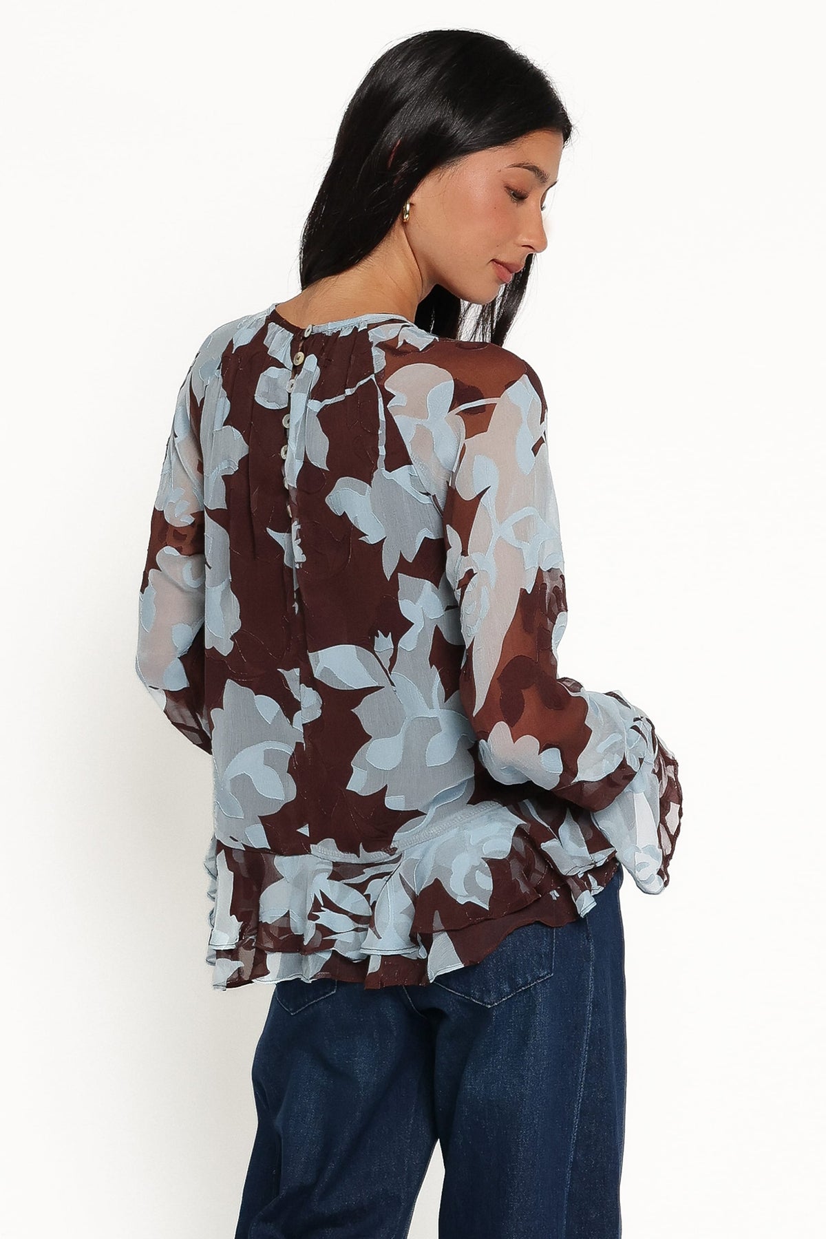 Larson Ruffle Hem Top - Blue Floral Burnout
