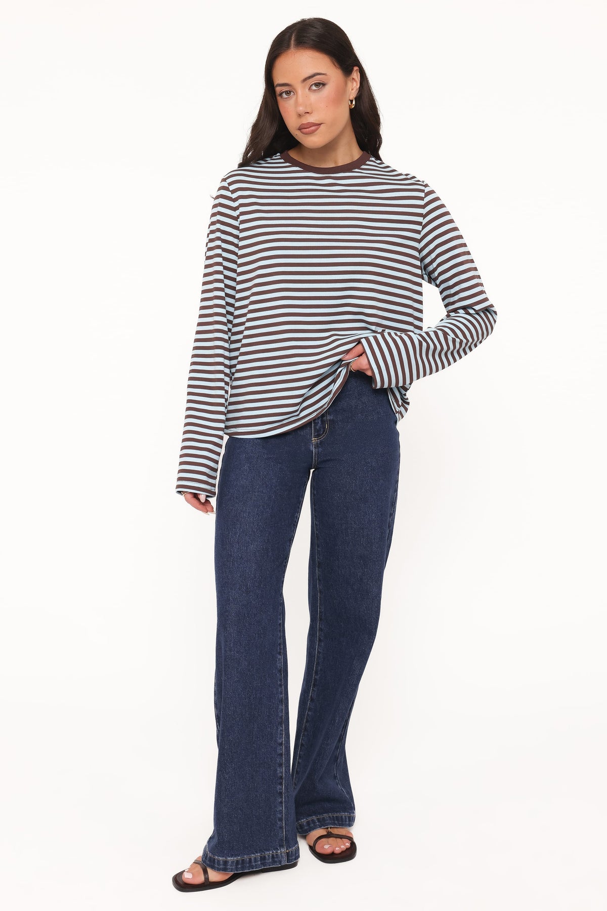 Ruva Long Sleeve Tee - Brown Blue Stripe