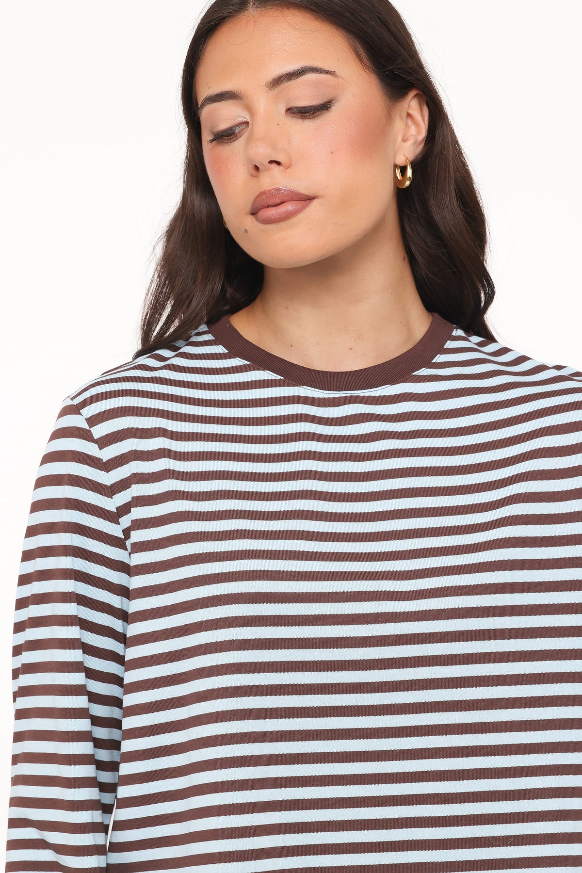 Ruva Long Sleeve Tee - Brown Blue Stripe