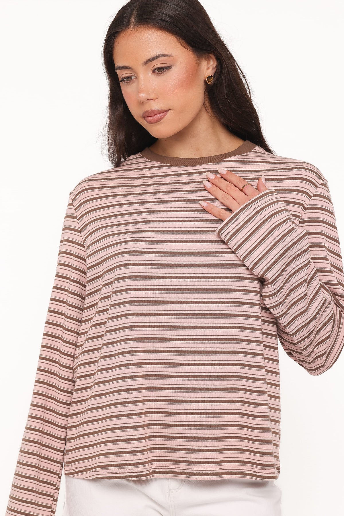 Ruva Long Sleeve Tee - Chocolate Pink Stripe